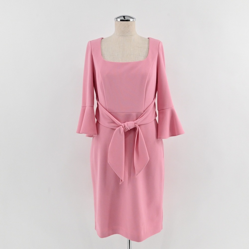 Adrianna Papell Bell Sleeve Sheath Dress Womens Size 4 Pink Tie Waist Cocktail